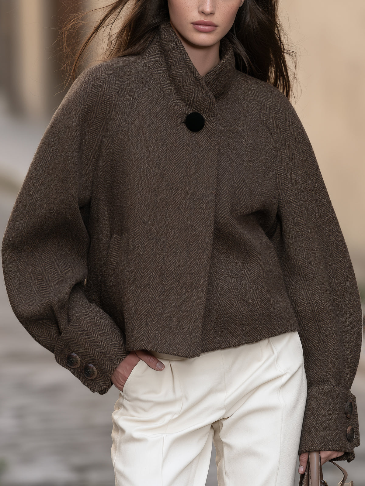 Mediterranean Old Money Brown Herringbone Wool Blend Stand Collar Cropped Coat