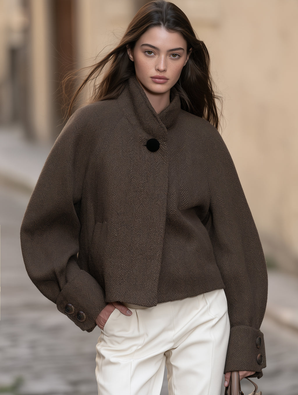 Mediterranean Old Money Brown Herringbone Wool Blend Stand Collar Cropped Coat