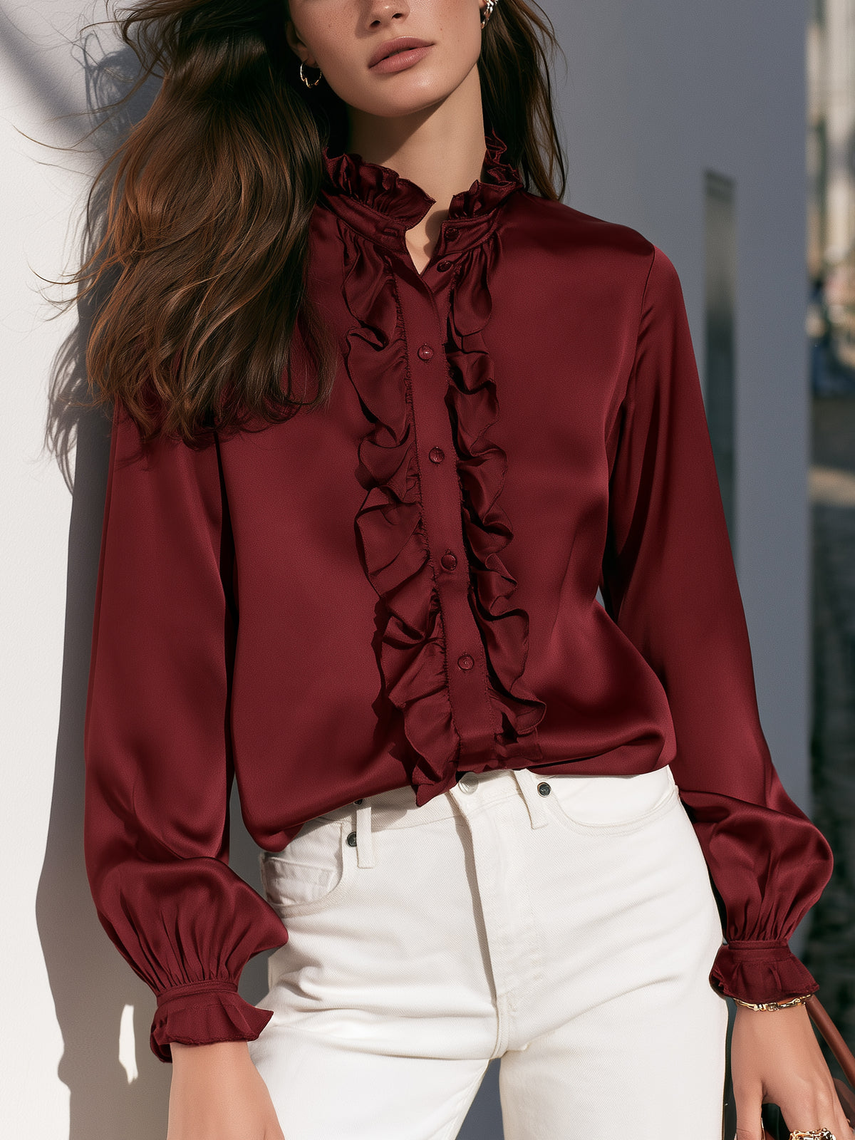 Old Money Elegant Burgundy Satin Ruffle Stand Collar Lantern Long Sleeve Blouse