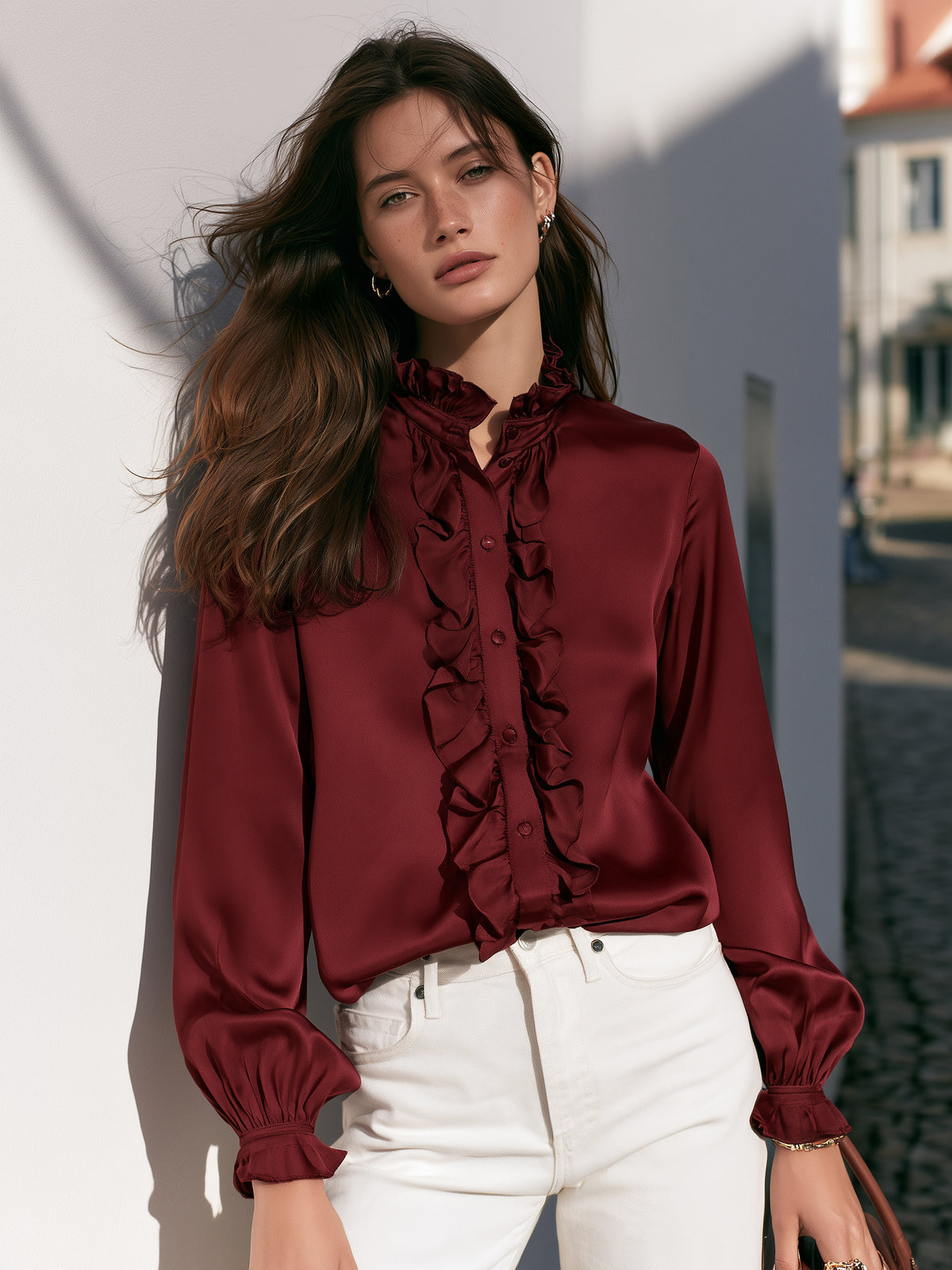 Old Money Elegant Burgundy Satin Ruffle Stand Collar Lantern Long Sleeve Blouse
