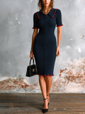 Chic Elegant Navy Blue Lapel Collar Contrast Red Ruffle Trim Short Sleeve Slim-Fit Cable Ribbed Knit Midi Dress