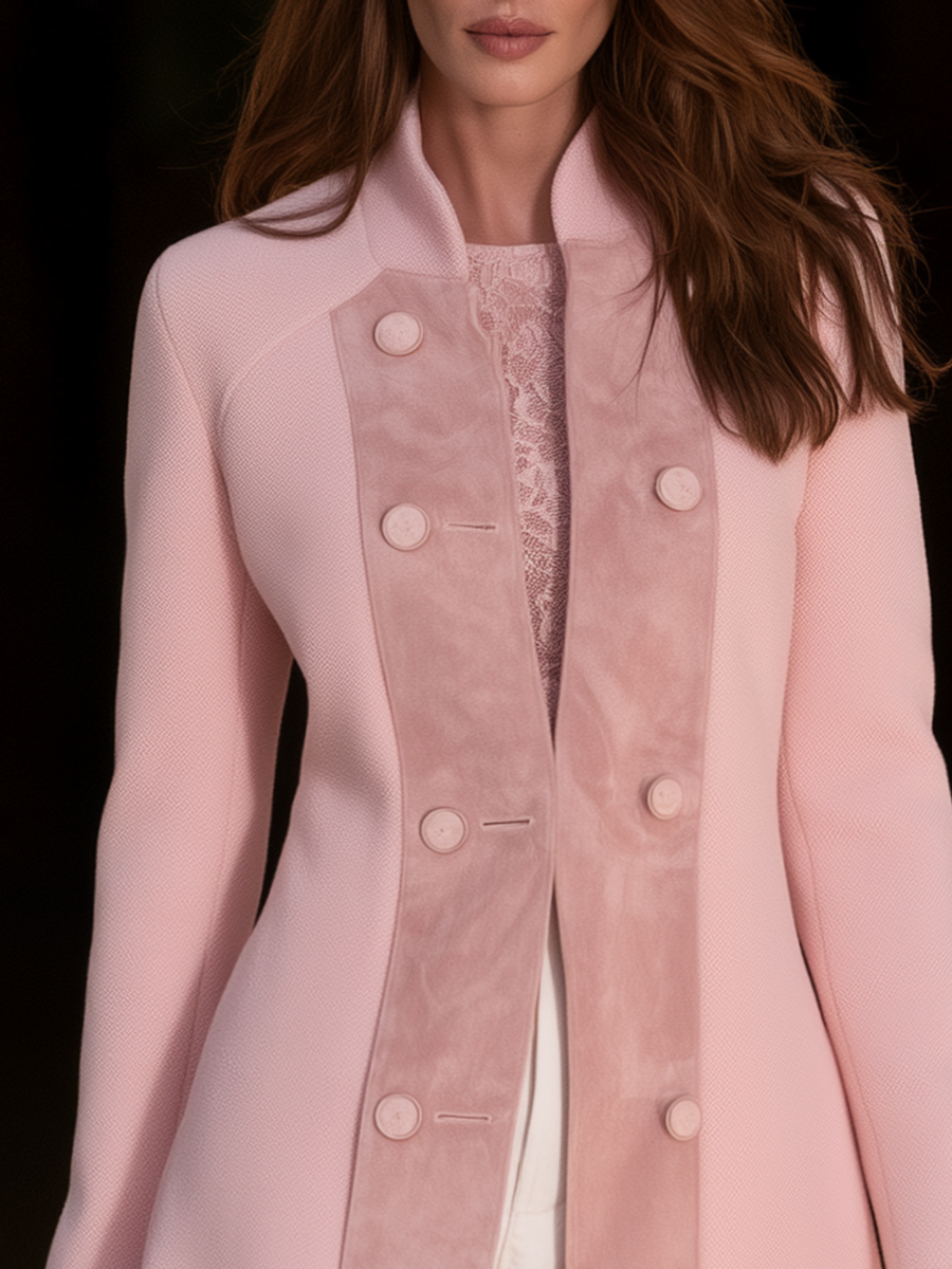 Elegant Stand-collar Suede Patchwork Pink Mid-length Coat