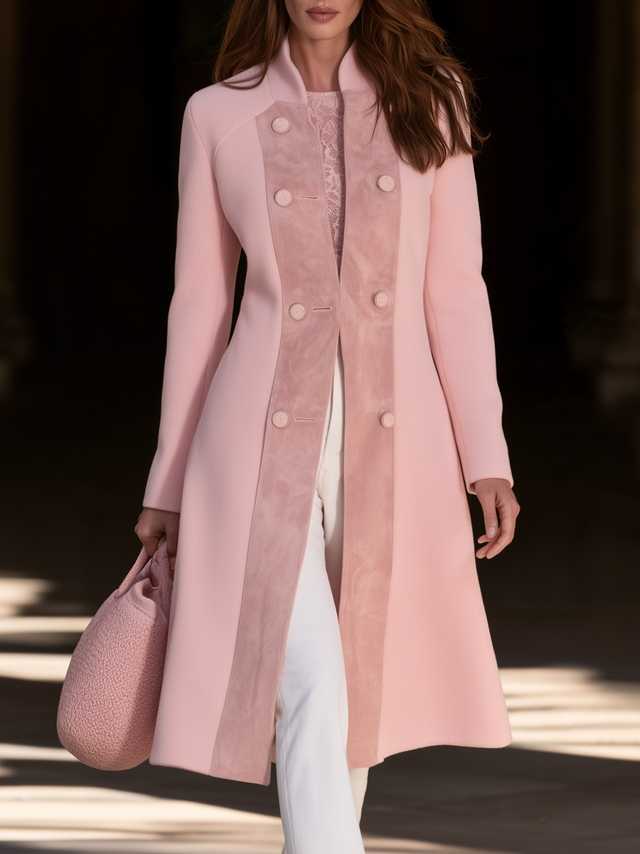 Elegant Stand-collar Suede Patchwork Pink Mid-length Coat