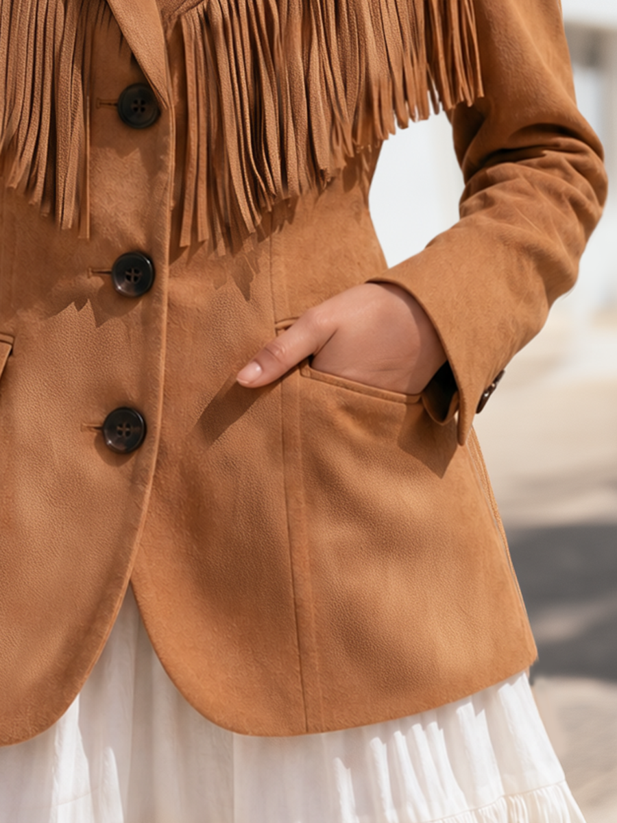 Women Western Retro Chic Notched Lapel Fringe Trim Single Breasted Slim Fit Camel Faux Suede Blazer