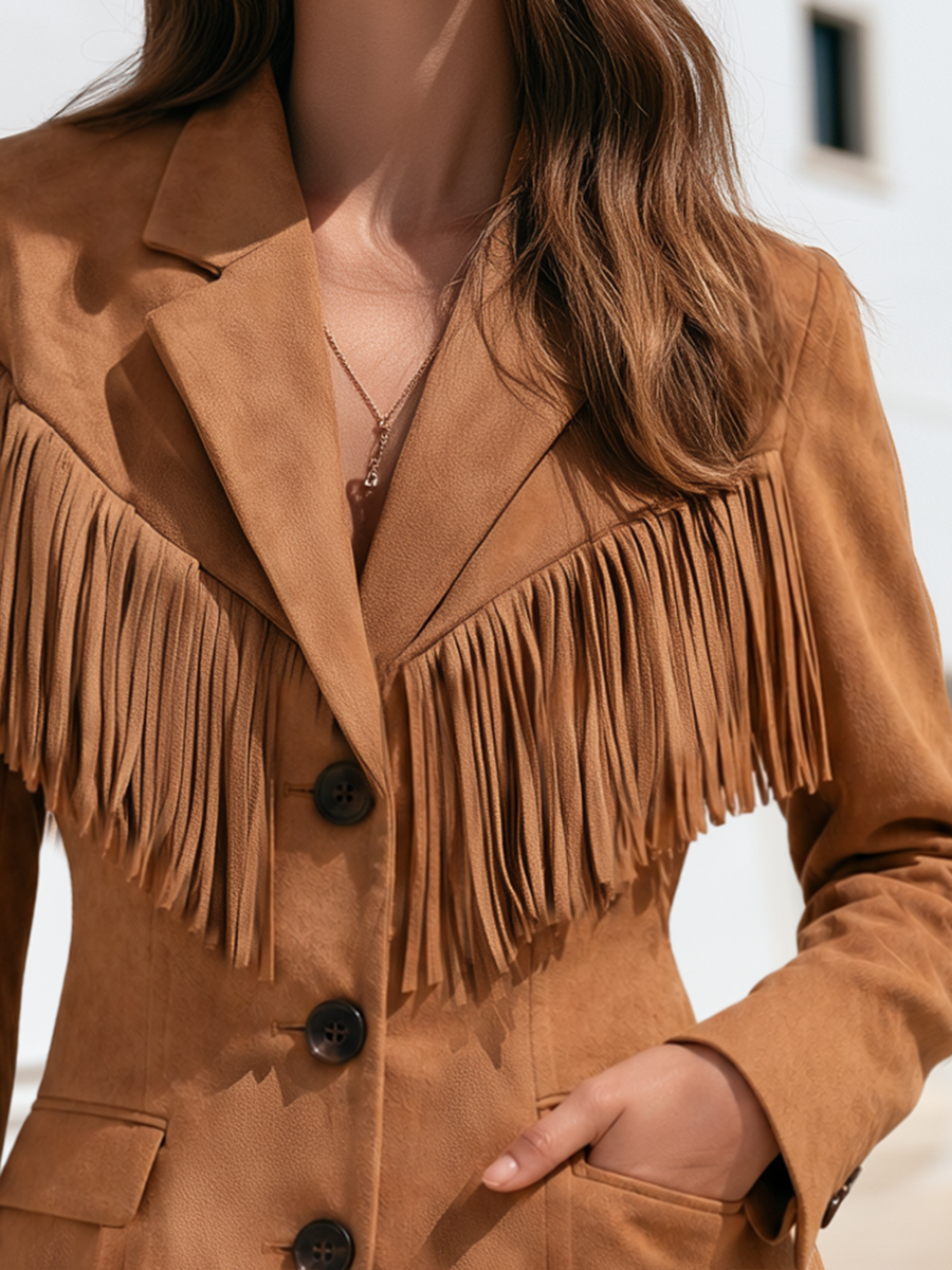 Women Western Retro Chic Notched Lapel Fringe Trim Single Breasted Slim Fit Camel Faux Suede Blazer