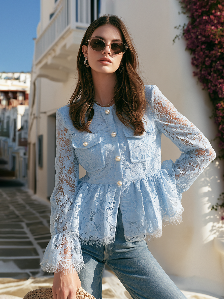Romantic Sheer Floral Lace Pearl Button Flap Pocket Eyelash Trim Ruffle Peplum Sky Blue Cropped Jacket