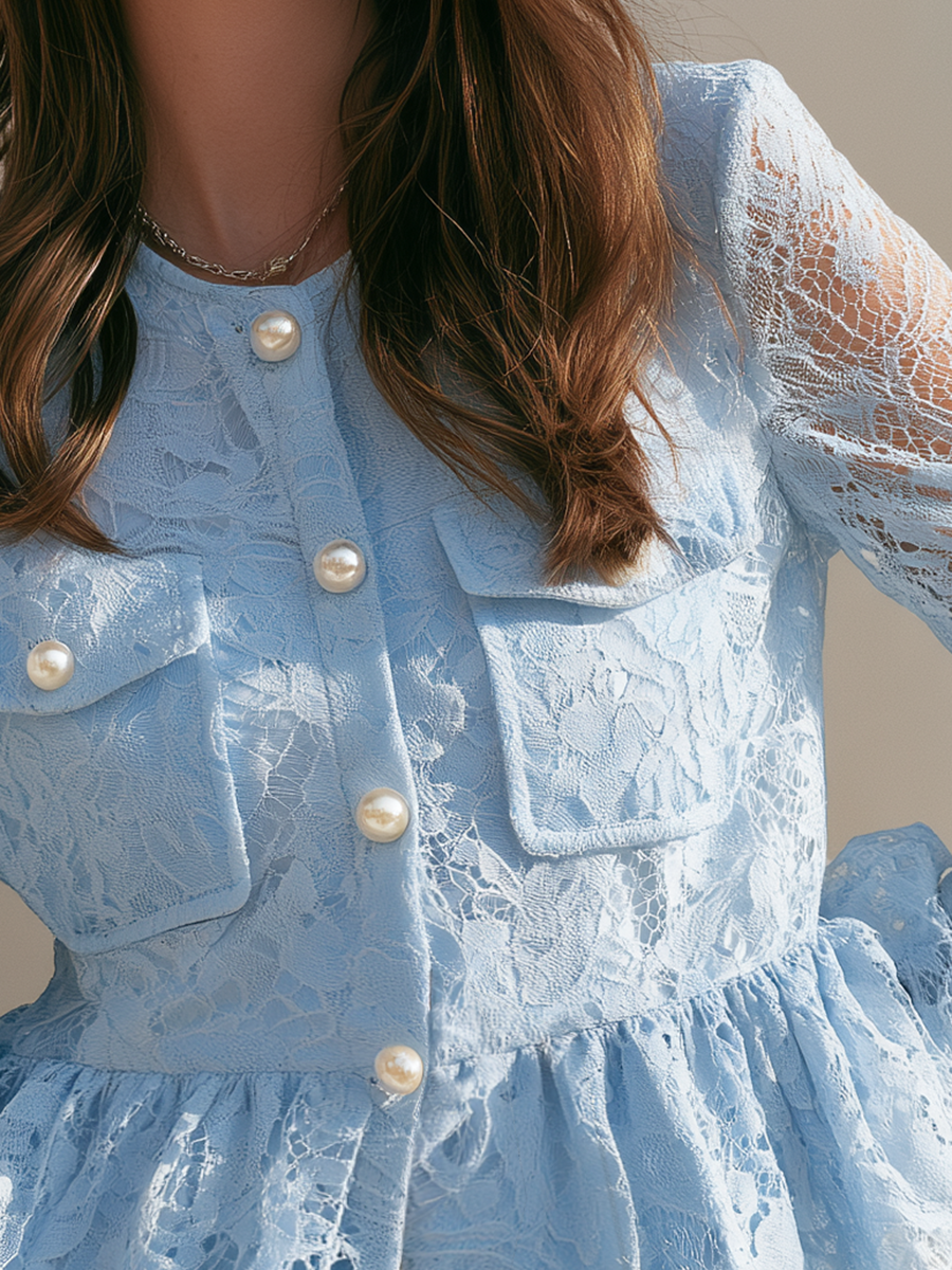 Romantic Sheer Floral Lace Pearl Button Flap Pocket Eyelash Trim Ruffle Peplum Sky Blue Cropped Jacket