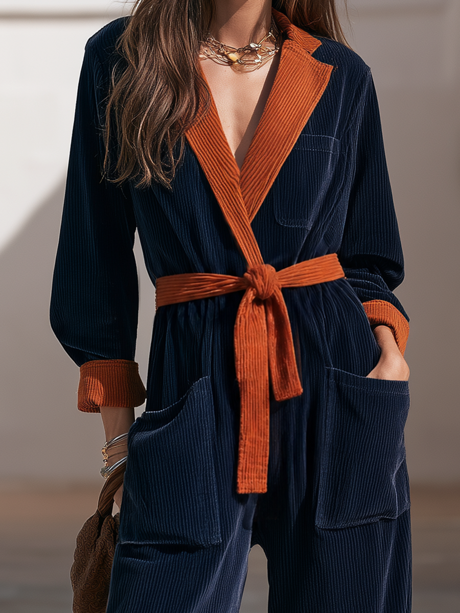 Old Money Contrast Notched Lapel Tie Belted Chest Pocket Patch Pocket Navy Wide Wale Corduroy Wide Leg Jumpsuit