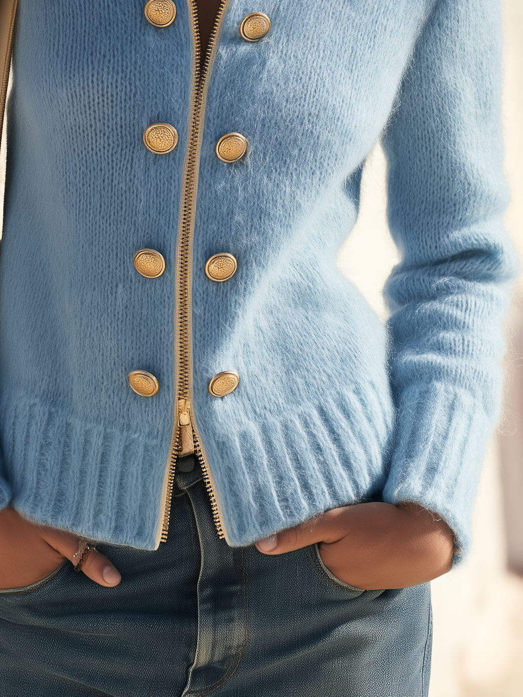 Retro Stand Collar Double-breasted Decorative Button Mohair Knit Cardigan