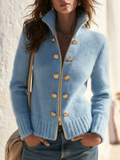 Retro Stand Collar Double-breasted Decorative Button Mohair Knit Cardigan