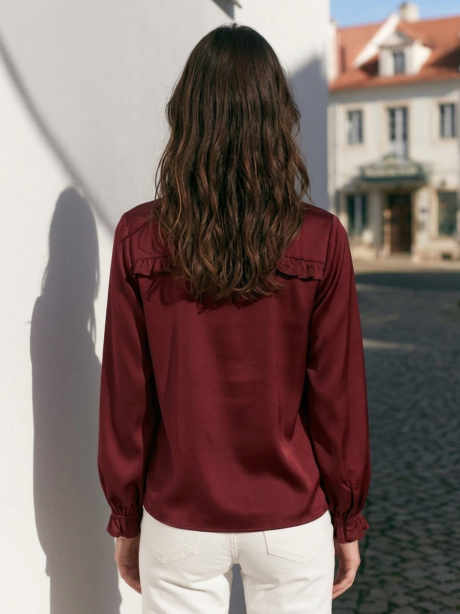 Old Money Elegant Burgundy Satin Ruffle Stand Collar Lantern Long Sleeve Blouse