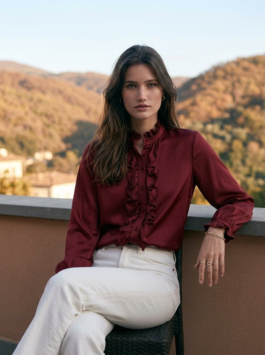 Old Money Elegant Burgundy Satin Ruffle Stand Collar Lantern Long Sleeve Blouse