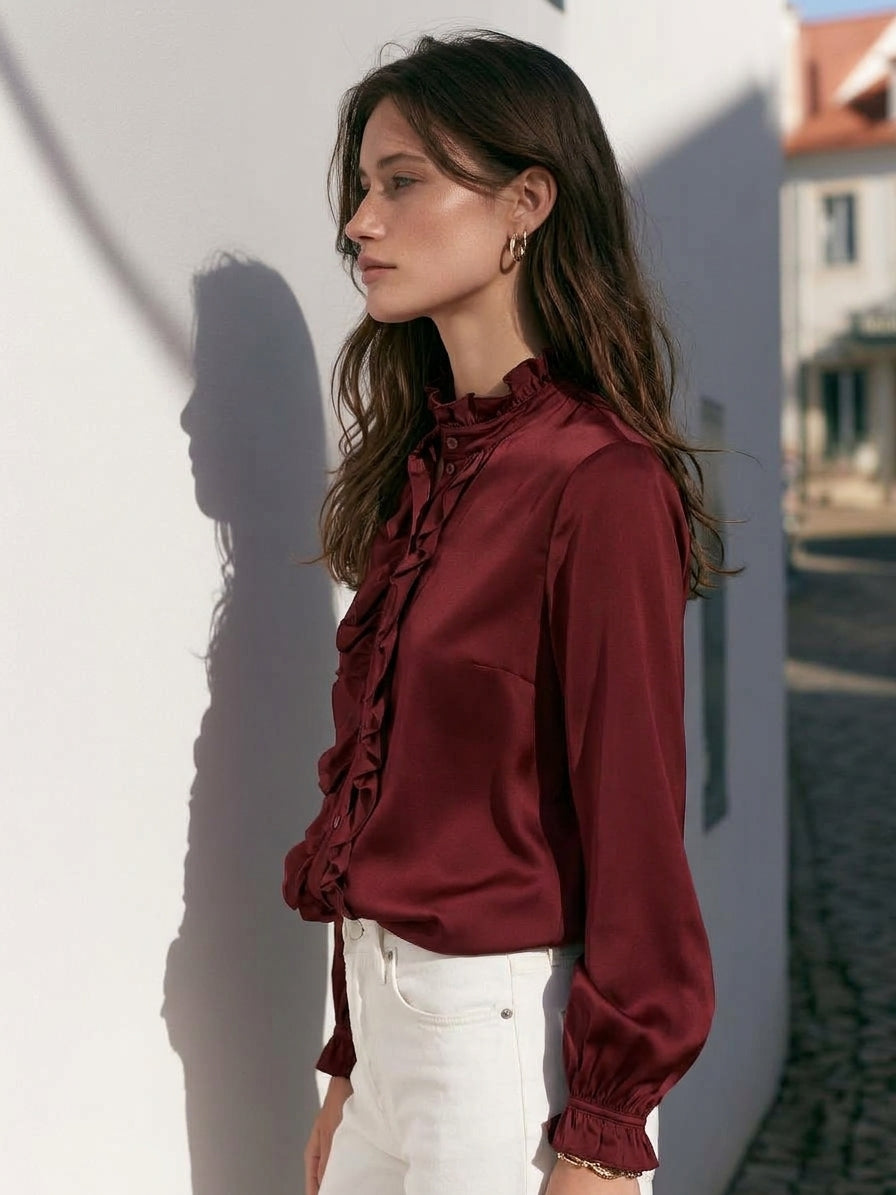Old Money Elegant Burgundy Satin Ruffle Stand Collar Lantern Long Sleeve Blouse