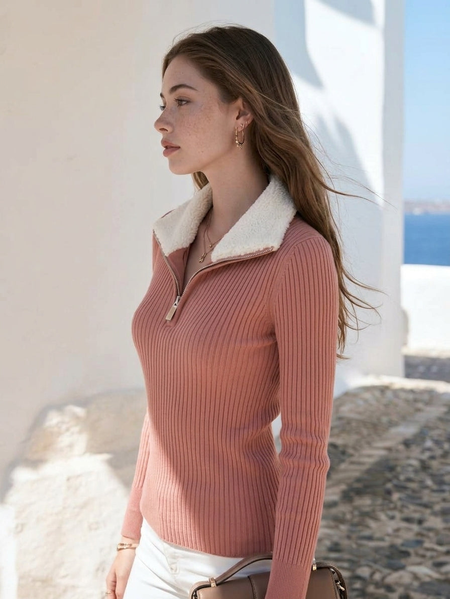 Mediterranean Resort Dusty Pink Sherpa Collar Half Zip Vertical Rib Knit Sweater