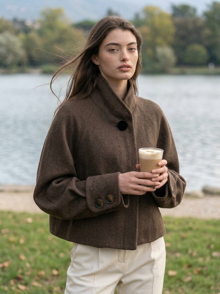 Mediterranean Old Money Brown Herringbone Wool Blend Stand Collar Cropped Coat