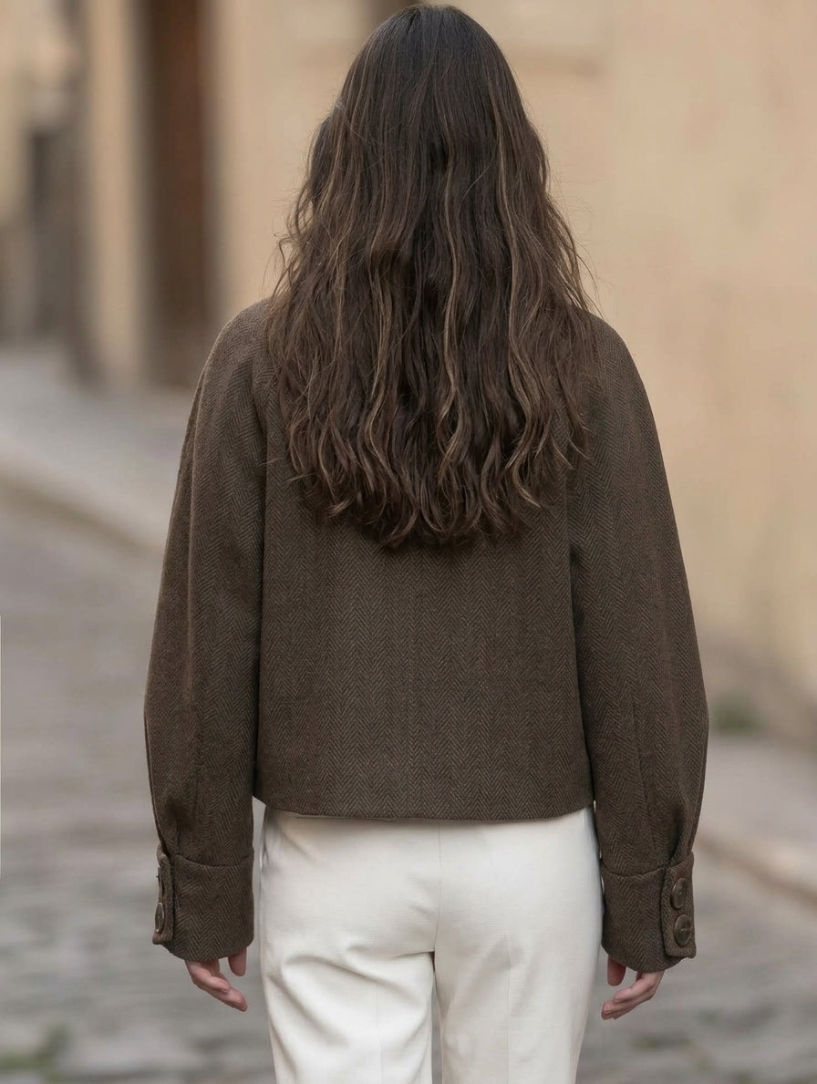 Mediterranean Old Money Brown Herringbone Wool Blend Stand Collar Cropped Coat