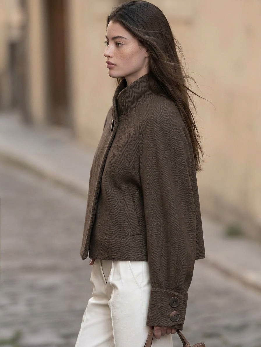 Mediterranean Old Money Brown Herringbone Wool Blend Stand Collar Cropped Coat