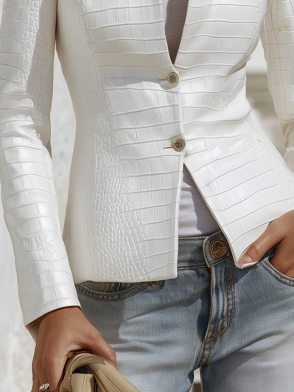 Minimalist Solid Color Stand Collar Faux Crocodile Leather Jacket