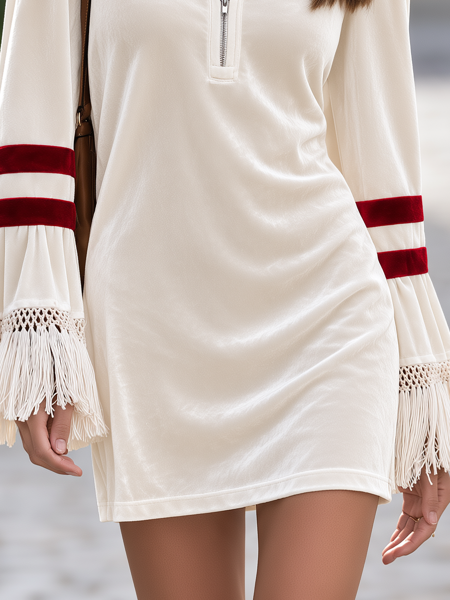 Resort-style Lapel Flared Long-sleeved Tassel Mini Dress