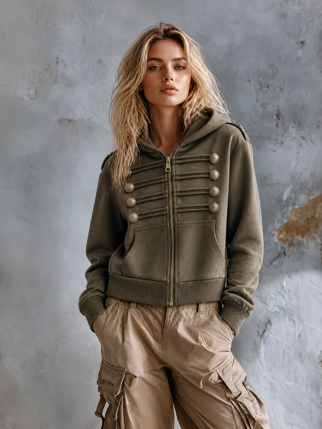 Chic Casual Olive Hooded Zipper-Front Military Button Long Sleeve Loose-Fit French Terry Sweatshirt