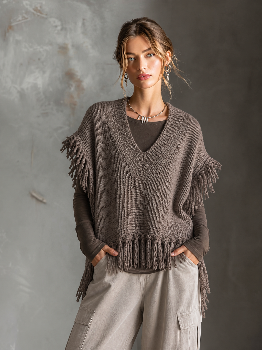Chic Elegant Muted Taupe V-Neck Fringe Hem Sleeveless Loose-Fit Chunky Knit Vest Top