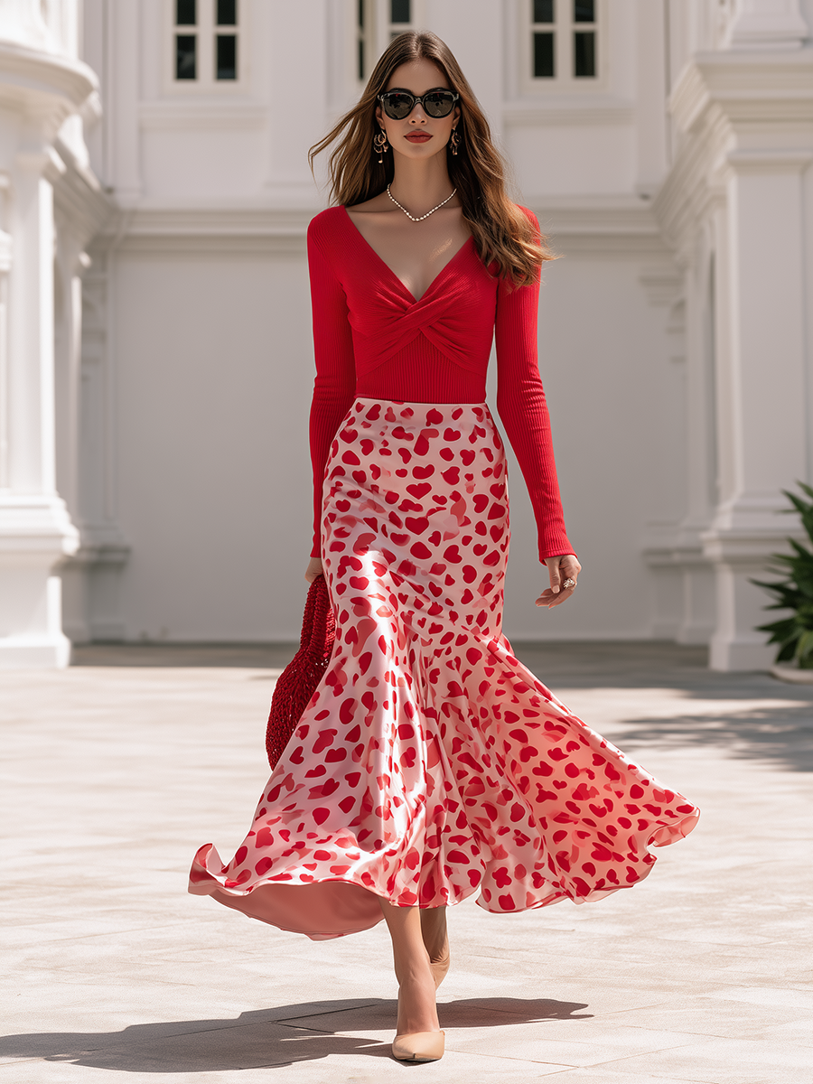 Twist Front Deep V Neck Long Sleeve Ribbed Knit Top And Heart Print Satin Fishtail Maxi Skirt Two Piece Set