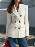 Classic Notched Lapel Double Breasted Gold Button Patch Pocket Padded Shoulder Slim Fit Ivory White Tweed Blazer