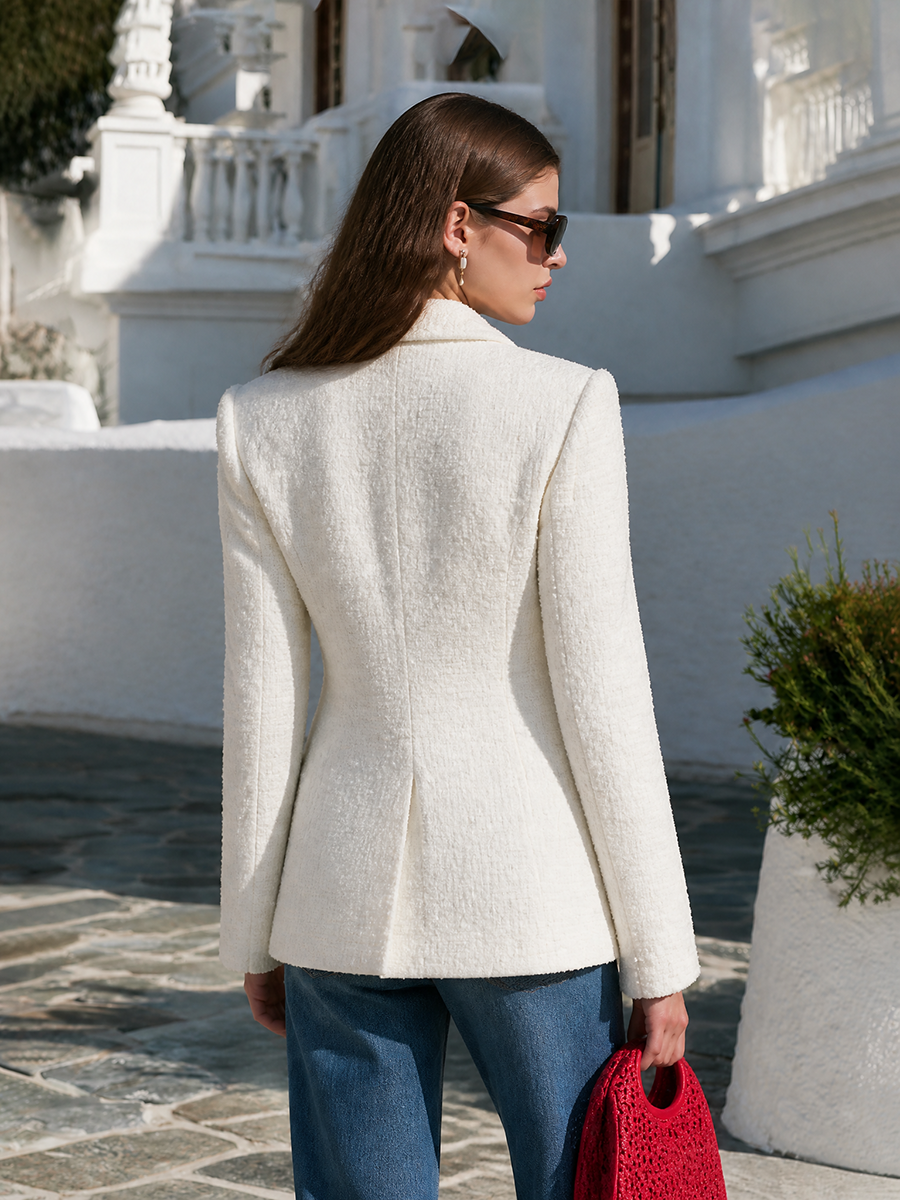 Classic Notched Lapel Double Breasted Gold Button Patch Pocket Padded Shoulder Slim Fit Ivory White Tweed Blazer