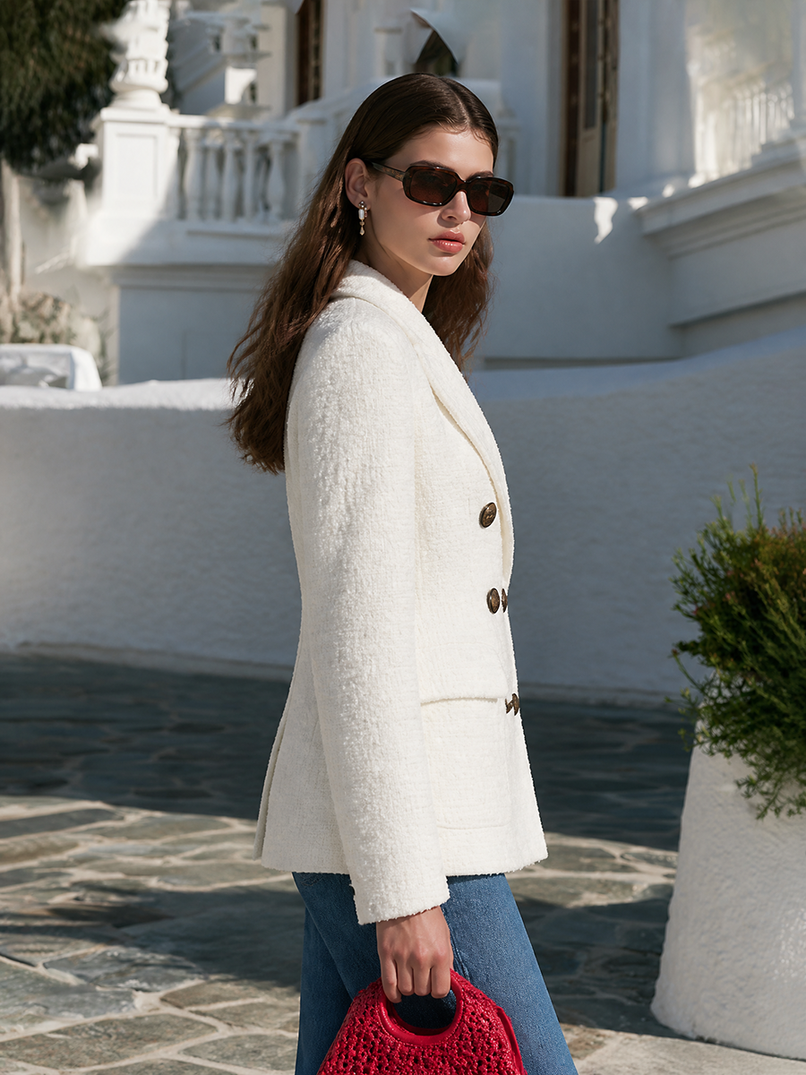 Classic Notched Lapel Double Breasted Gold Button Patch Pocket Padded Shoulder Slim Fit Ivory White Tweed Blazer