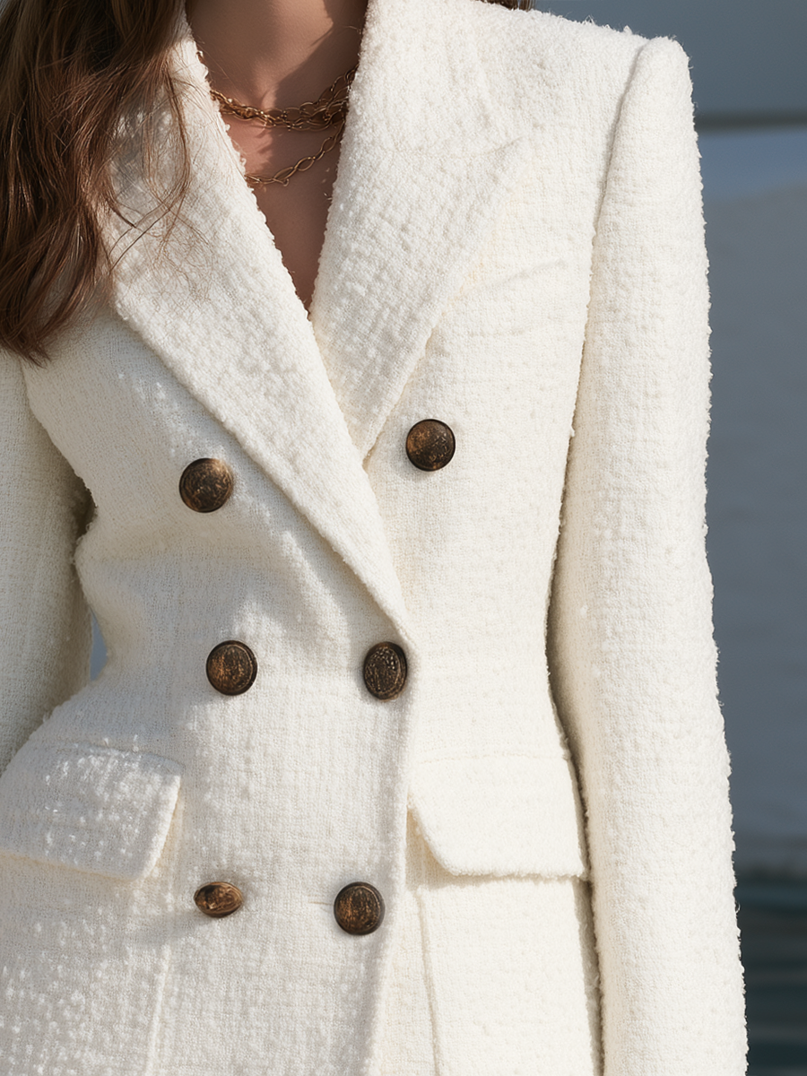 Classic Notched Lapel Double Breasted Gold Button Patch Pocket Padded Shoulder Slim Fit Ivory White Tweed Blazer