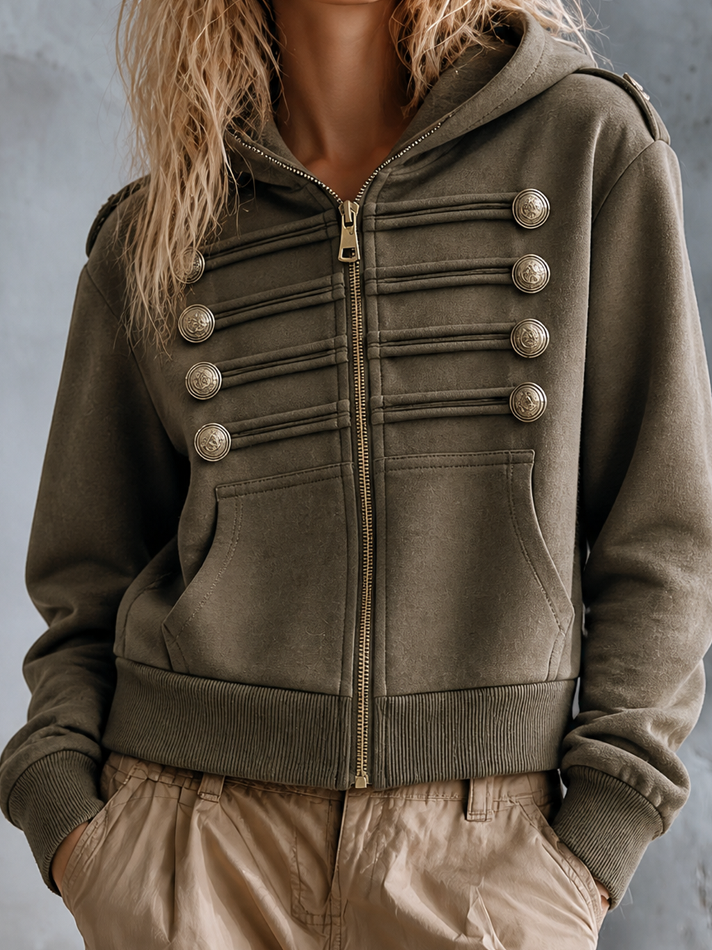Chic Casual Olive Hooded Zipper-Front Military Button Long Sleeve Loose-Fit French Terry Sweatshirt