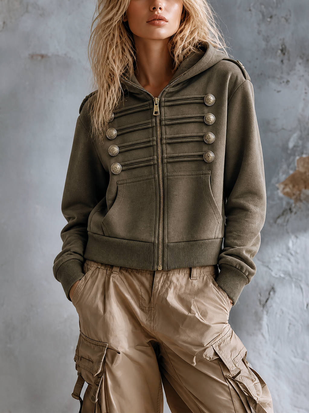 Chic Casual Olive Hooded Zipper-Front Military Button Long Sleeve Loose-Fit French Terry Sweatshirt