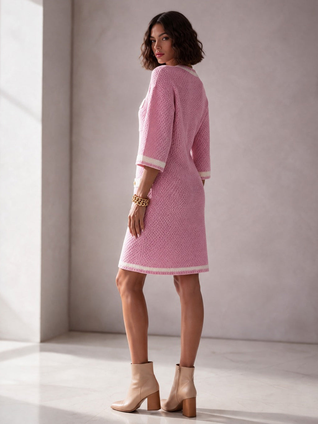 Chic Elegant Pink-White Colorblock V-Neck Half-Sleeve Single-Breasted Multi-Pockets Wool Blend Knit Midi Dress