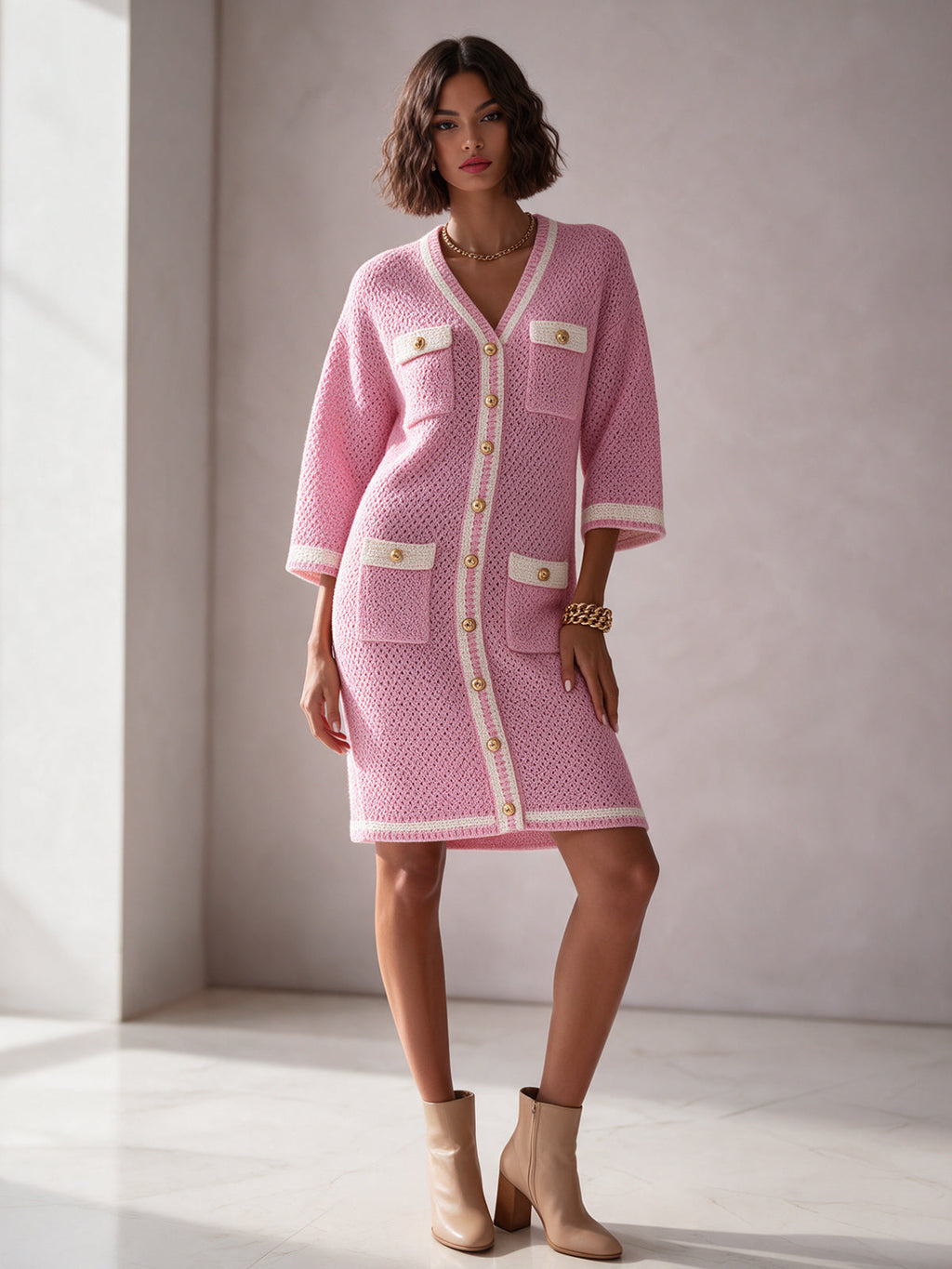 Chic Elegant Pink-White Colorblock V-Neck Half-Sleeve Single-Breasted Multi-Pockets Wool Blend Knit Midi Dress
