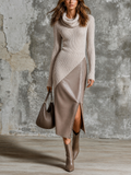 Chic Elegant Oatmeal Cowl Neck Long-Sleeve Faux Leather Slim-Fit Side Slit Ribbed Knit Midi Dress