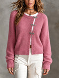 Chic Casual Hot Pink Round-Neck Long-Sleeve Single-Breasted Loose-Fit Mohair Blend Knit Cardigan