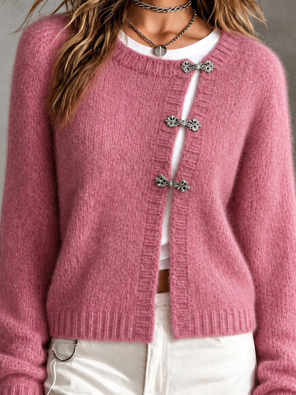 Chic Casual Hot Pink Round-Neck Long-Sleeve Single-Breasted Loose-Fit Mohair Blend Knit Cardigan