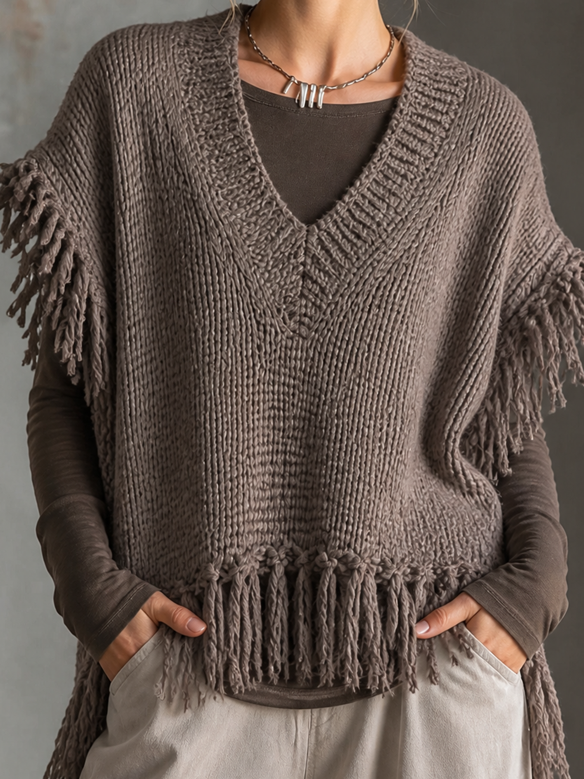 Chic Elegant Muted Taupe V-Neck Fringe Hem Sleeveless Loose-Fit Chunky Knit Vest Top