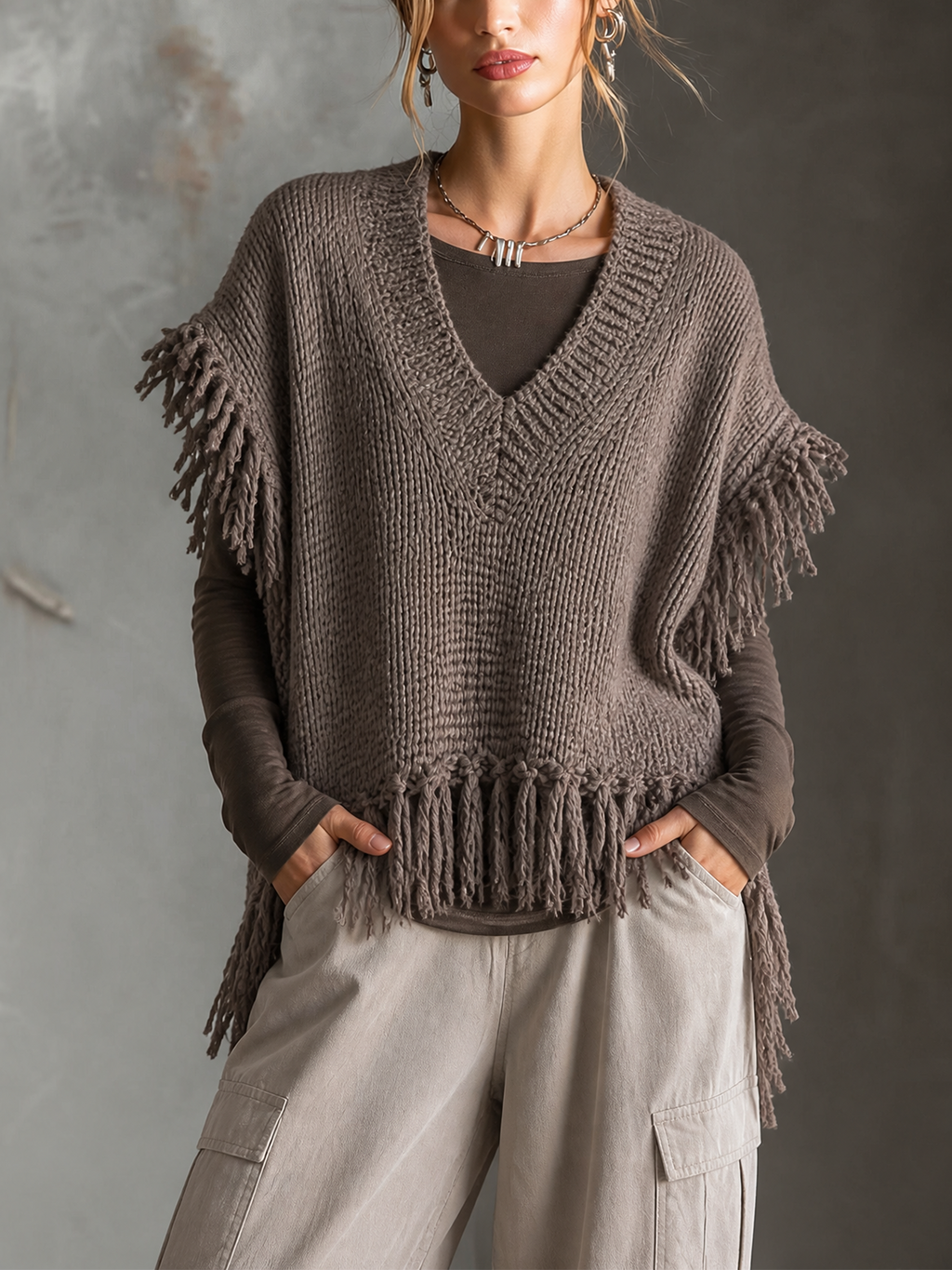 Chic Elegant Muted Taupe V-Neck Fringe Hem Sleeveless Loose-Fit Chunky Knit Vest Top