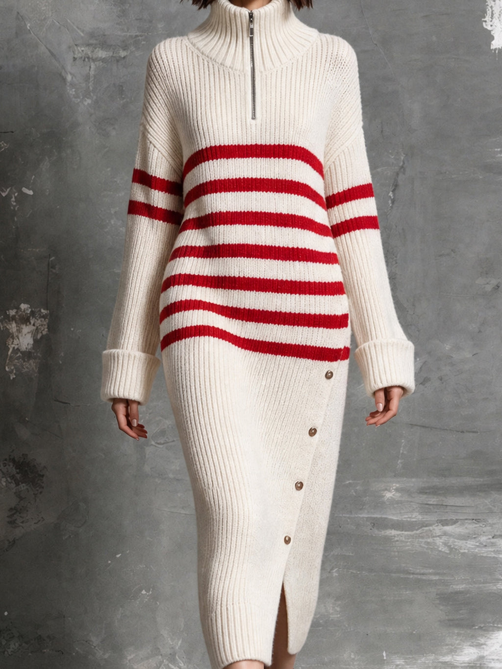 Chic Elegant Beige-Red Stripes Zipper-Up Turtleneck Long-Sleeve Slit Detail Decorative Buttons Wool Blend Knit Maxi Dress