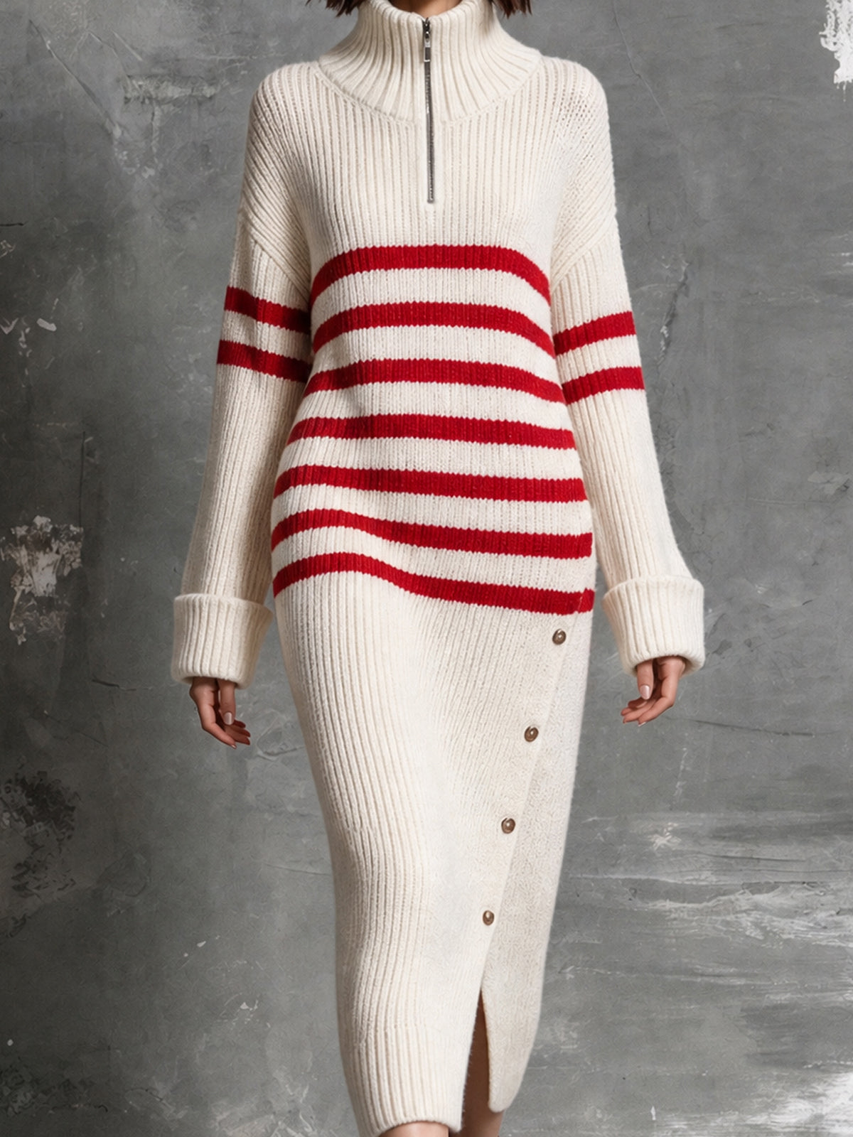 Chic Elegant Beige-Red Stripes Zipper-Up Turtleneck Long-Sleeve Slit Detail Decorative Buttons Wool Blend Knit Maxi Dress