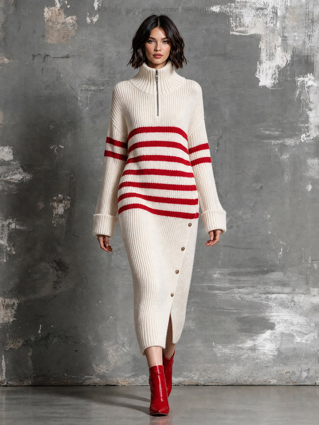 Chic Elegant Beige-Red Stripes Zipper-Up Turtleneck Long-Sleeve Slit Detail Decorative Buttons Wool Blend Knit Maxi Dress