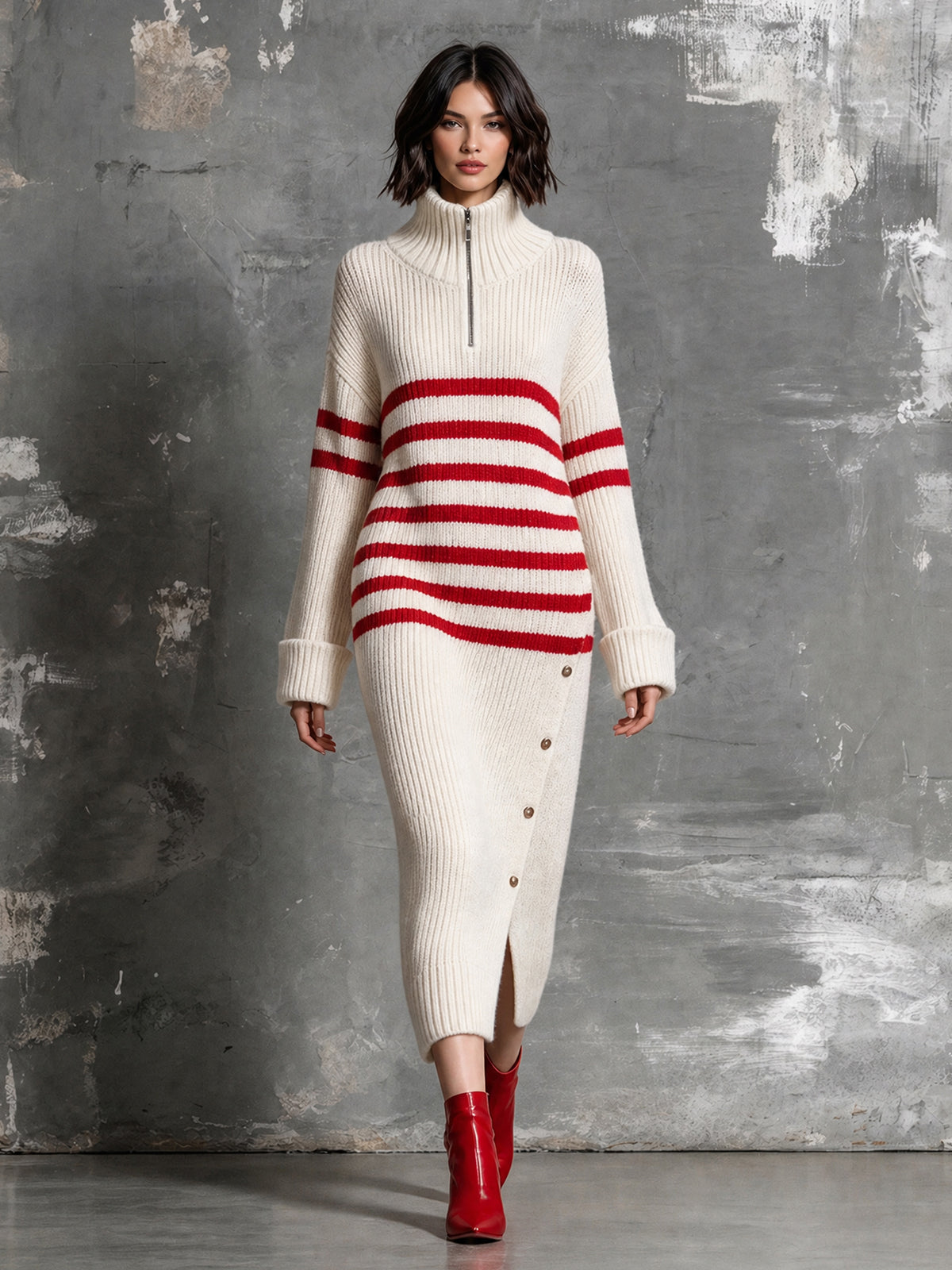 Chic Elegant Beige-Red Stripes Zipper-Up Turtleneck Long-Sleeve Slit Detail Decorative Buttons Wool Blend Knit Maxi Dress