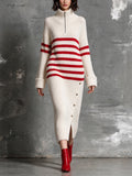 Chic Elegant Beige-Red Stripes Zipper-Up Turtleneck Long-Sleeve Slit Detail Decorative Buttons Wool Blend Knit Maxi Dress