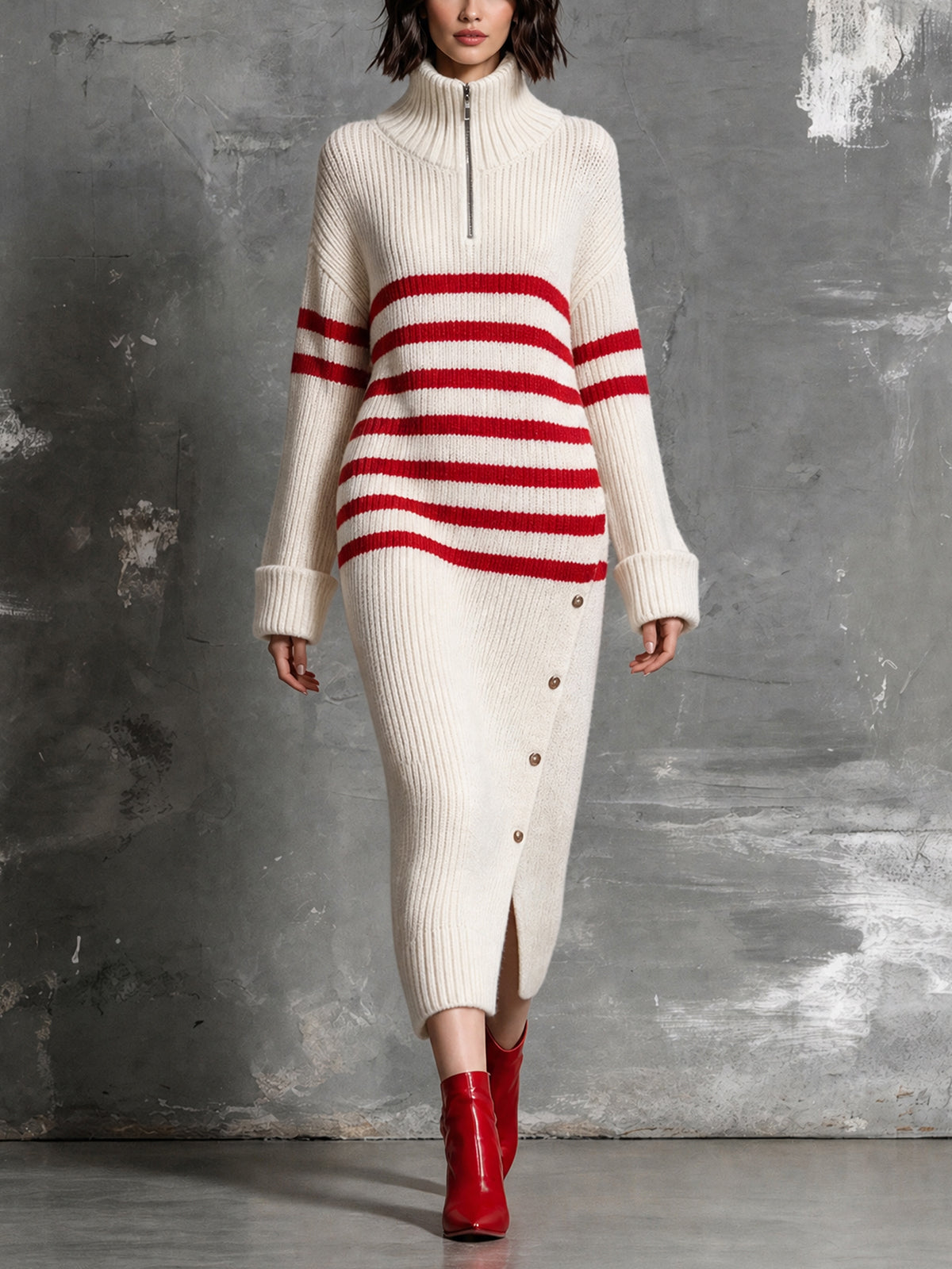 Chic Elegant Beige-Red Stripes Zipper-Up Turtleneck Long-Sleeve Slit Detail Decorative Buttons Wool Blend Knit Maxi Dress