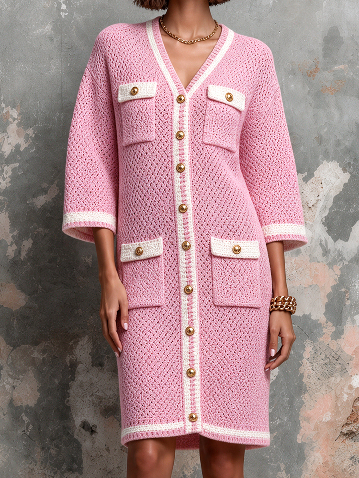 Chic Elegant Pink-White Colorblock V-Neck Half-Sleeve Single-Breasted Multi-Pockets Wool Blend Knit Midi Dress