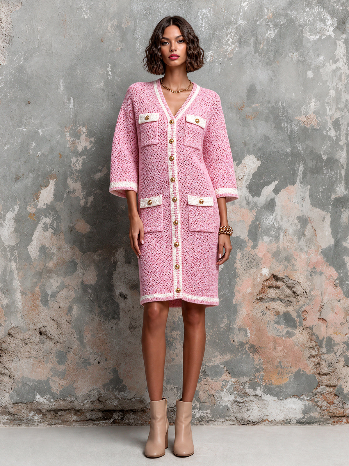 Chic Elegant Pink-White Colorblock V-Neck Half-Sleeve Single-Breasted Multi-Pockets Wool Blend Knit Midi Dress