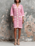 Chic Elegant Pink-White Colorblock V-Neck Half-Sleeve Single-Breasted Multi-Pockets Wool Blend Knit Midi Dress