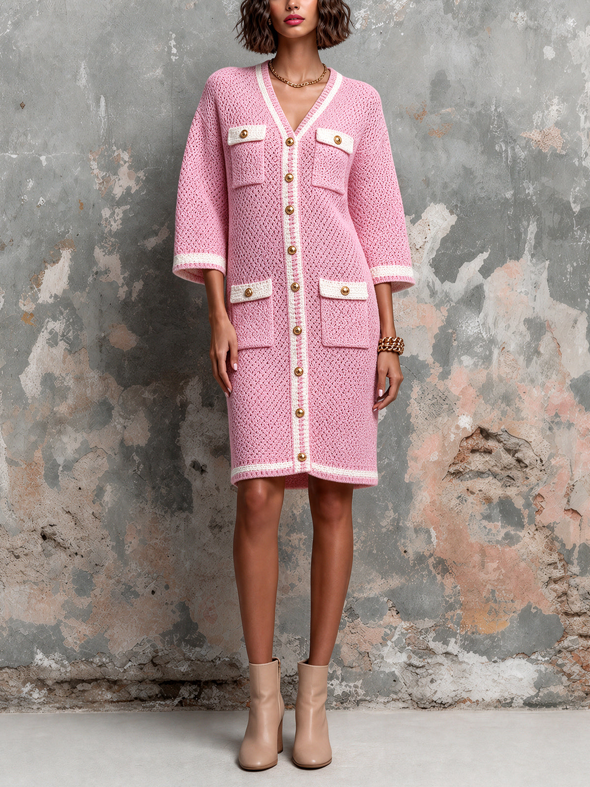 Chic Elegant Pink-White Colorblock V-Neck Half-Sleeve Single-Breasted Multi-Pockets Wool Blend Knit Midi Dress