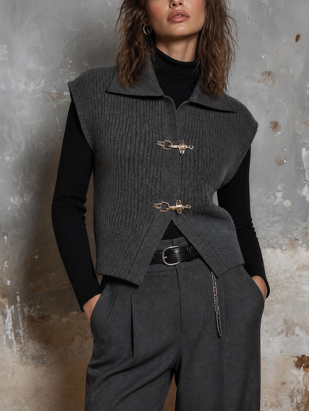 Chic Elegant Dark Grey Lapel Collar Metal Toggle Clasp Sleeveless Loose-Fit Knit Vest Top